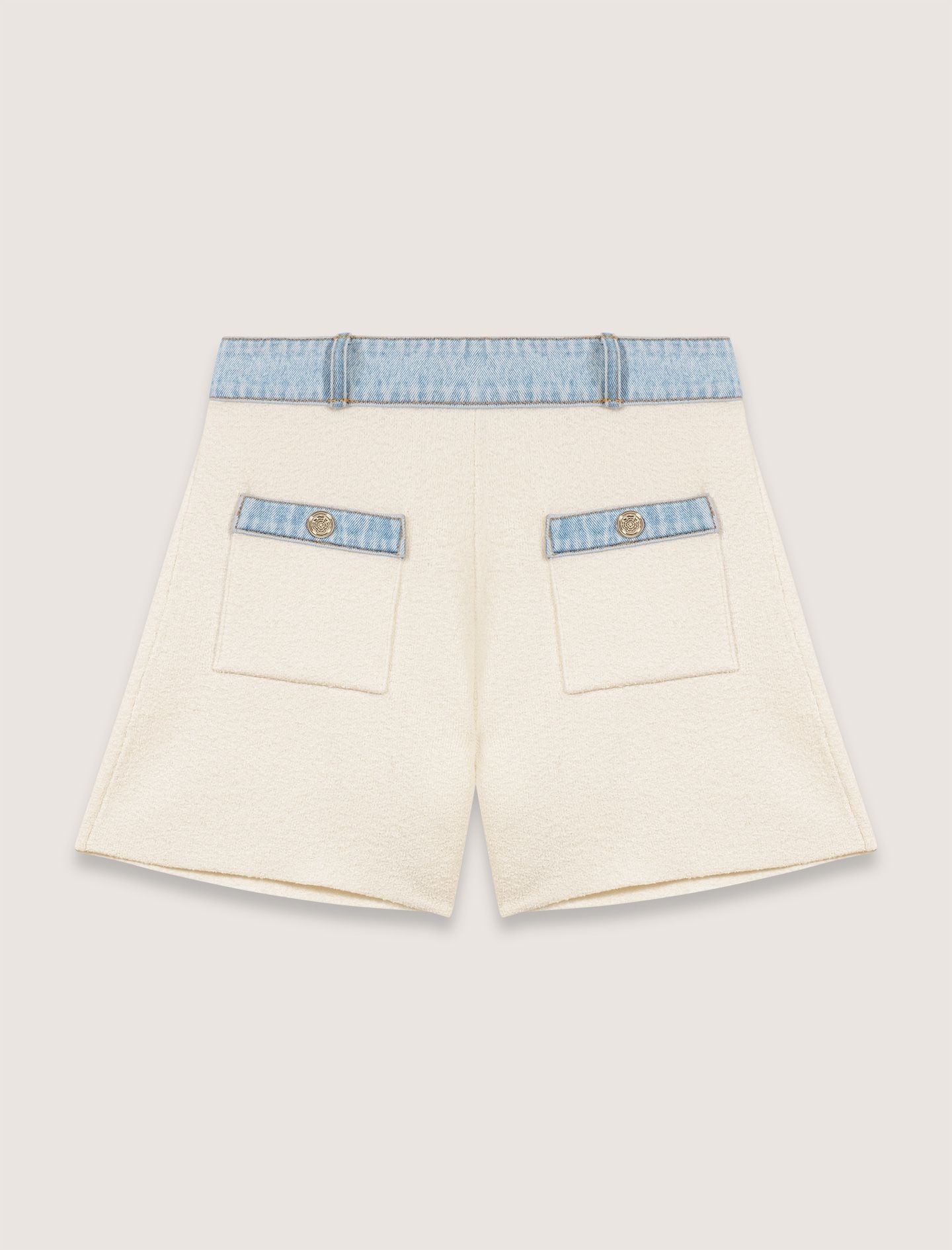 Quần short dệt kim phối viền denim